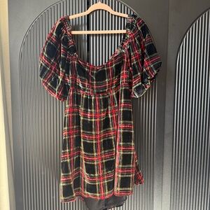 Miaou Tartan Mini Dress in Red, Black, and Yellow